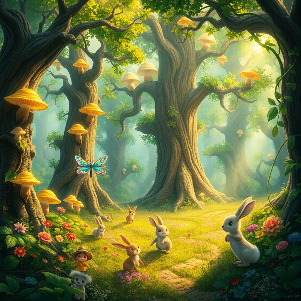 Vibrant Animated Forest with Dancing Creatures – free AI stock image