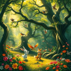 Vibrant Animated Forest with Dancing Creatures – free AI stock image