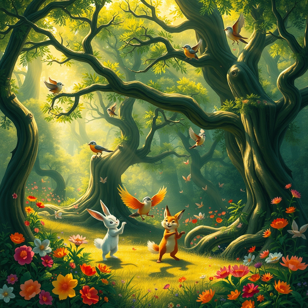Vibrant Animated Forest with Dancing Creatures – free AI stock image