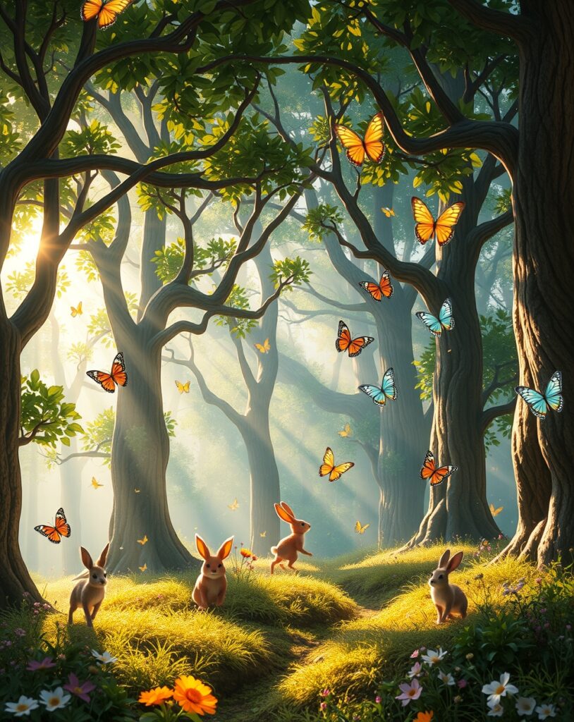 Vibrant Animated Forest with Dancing Creatures – free AI stock image