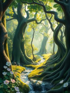 Vibrant Animated Forest with Dancing Leaves – free AI stock image