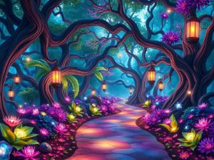 Vibrant Animated Forest with Dancing Lights – free AI stock image