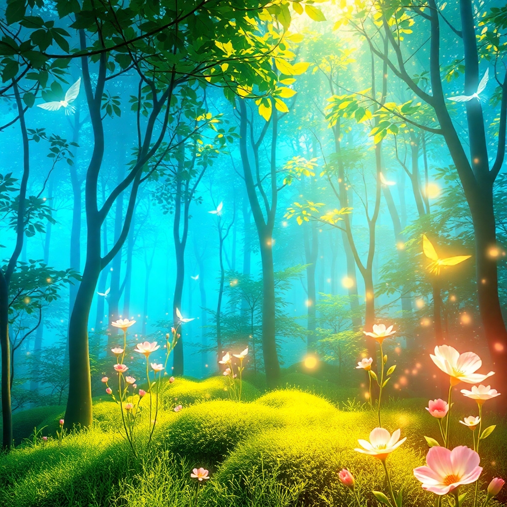 Vibrant Animated Forest with Dancing Spirits – free AI stock image