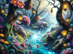 Vibrant Animated Forest with Magical Creatures – free AI stock image