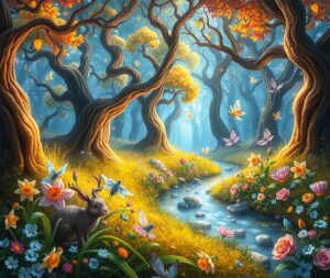 Vibrant Animated Forest with Playful Creatures – free AI stock image