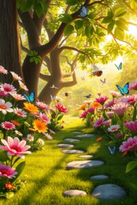Vibrant Animated Garden with Flourishing Flowers – free AI stock image