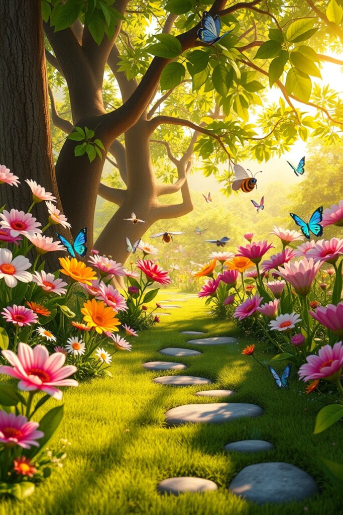 Vibrant Animated Garden with Flourishing Flowers – free AI stock image
