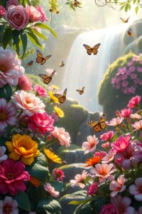 Vibrant Animated Garden Scene with Fluttering Creatures – free AI stock image