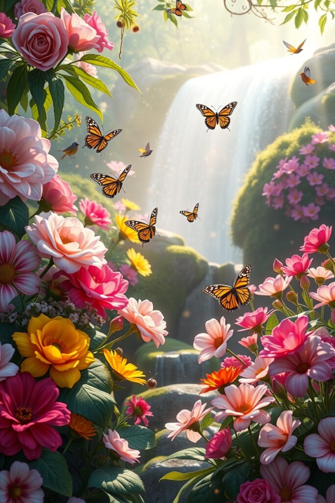 Vibrant Animated Garden Scene with Fluttering Creatures – free AI stock image