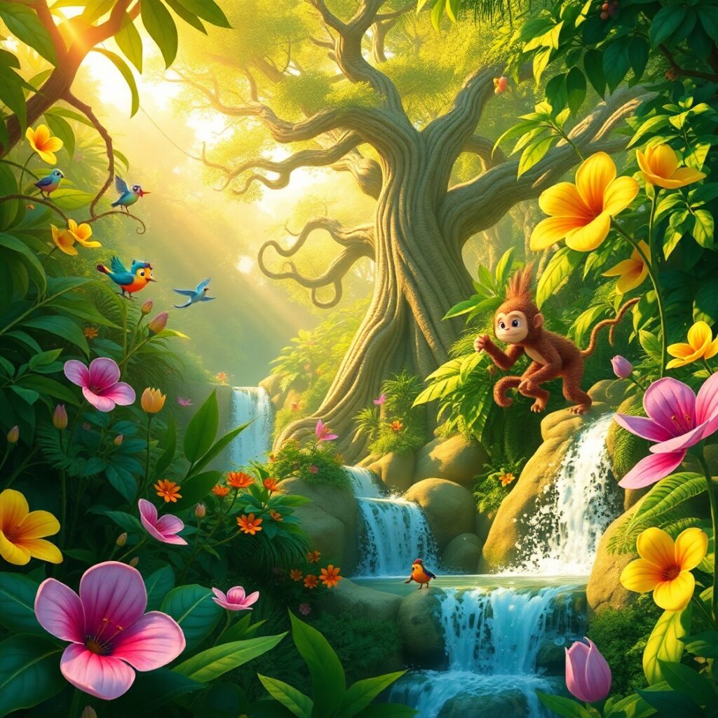 Vibrant Animated Jungle Adventure Scene – free AI stock image