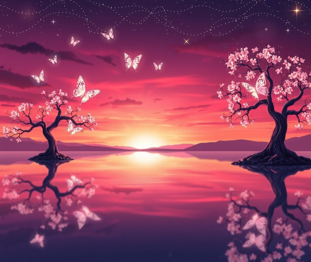 Vibrant Animated Landscape at Sunset – free AI stock image
