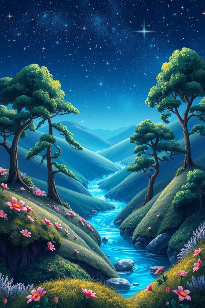 Vibrant Animated Landscape Under Shimmering Stars – free AI stock image