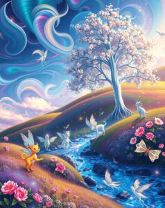 Vibrant Animated Landscape with Whimsical Creatures – free AI stock image
