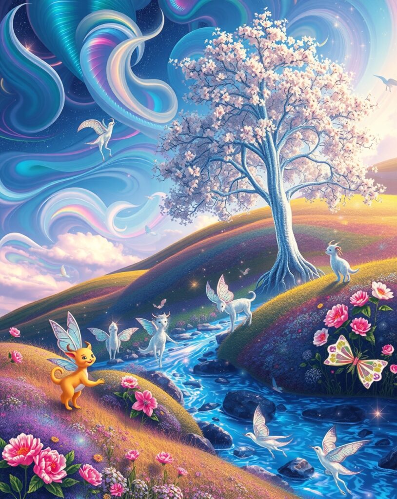 Vibrant Animated Landscape with Whimsical Creatures – free AI stock image