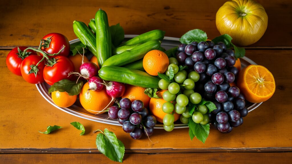 A Vibrant Array of Fresh Fruits and Vegetables on a Rustic Wooden Table image – free AI stock image