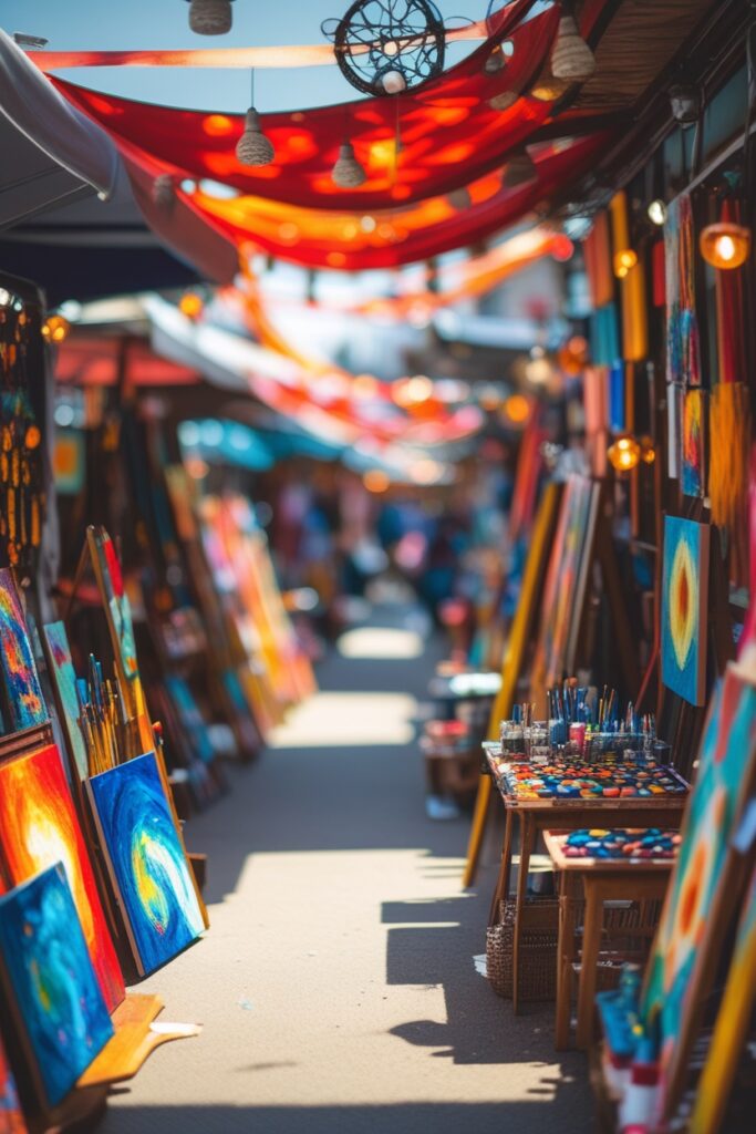 Vibrant Art Market Stall Display – free AI stock image