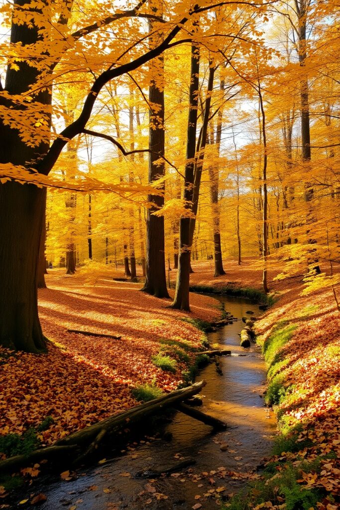 Vibrant Autumn Forest with Golden Leaves – free AI stock image