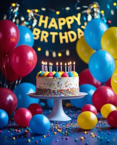 Vibrant Birthday Cake Surrounded by Balloons – free AI stock image