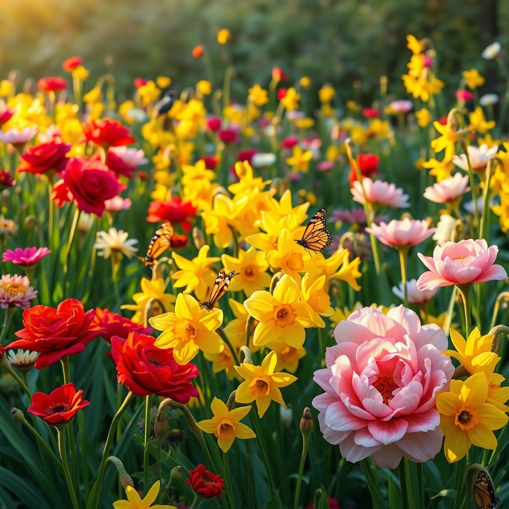 Vibrant Blooming Flower Garden at Dawn – free AI stock image