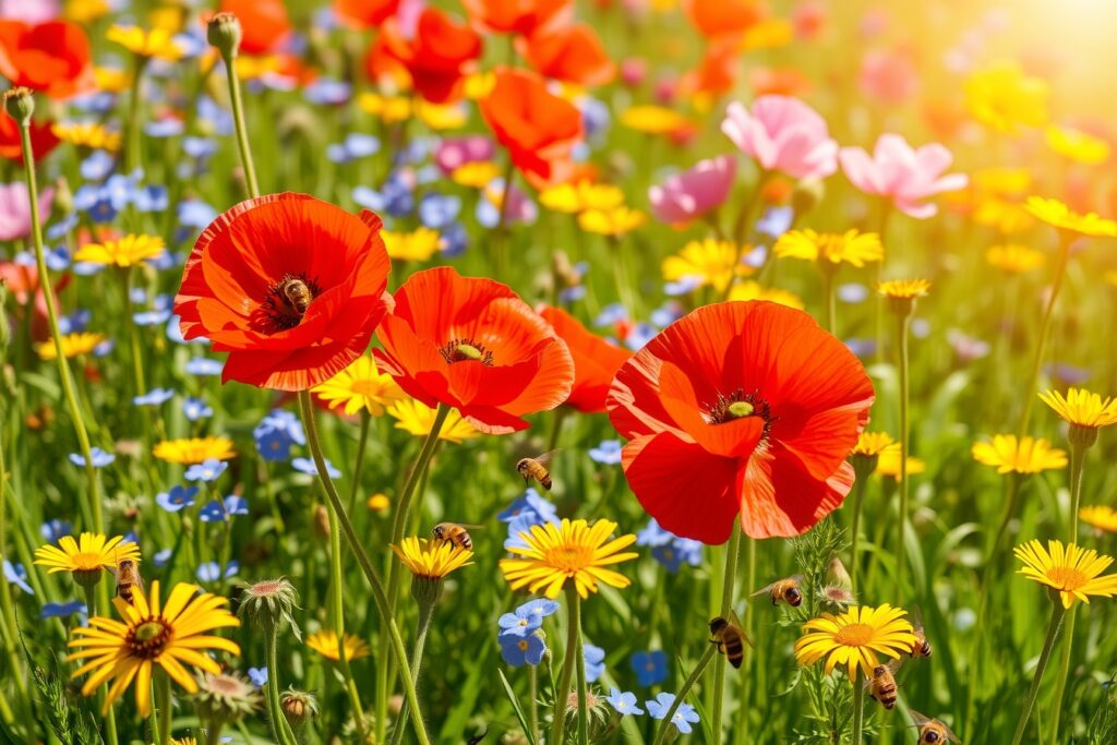 Vibrant Blossoms in a Sunlit Meadow – free AI stock image