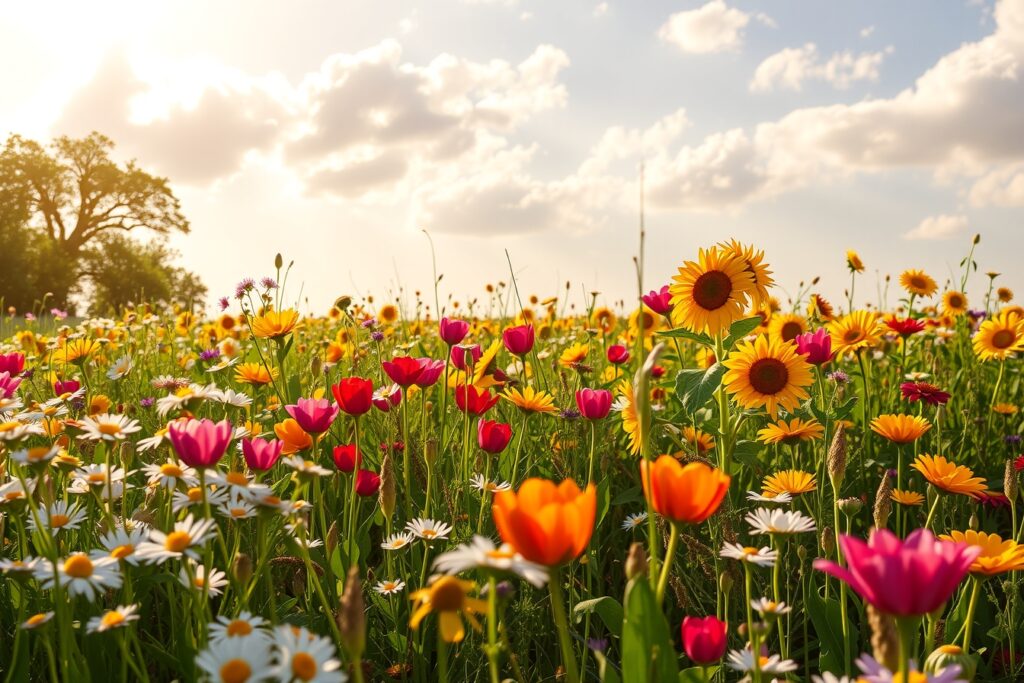 Vibrant Blossoms in a Sunlit Meadow – free AI stock image