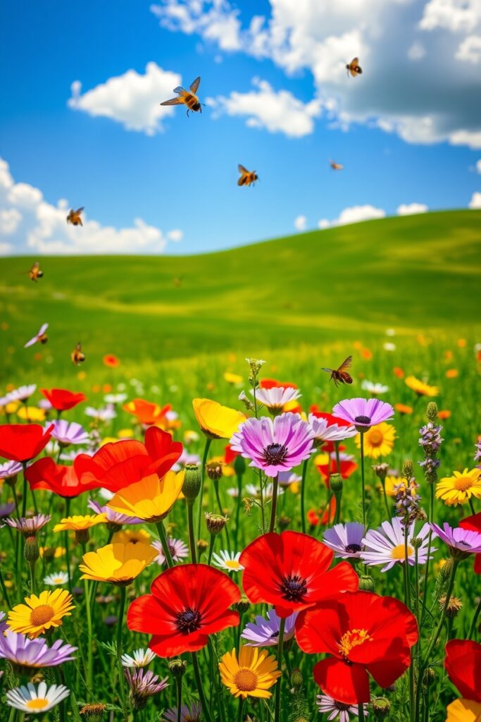 Vibrant Blossoms in a Sunlit Meadow – free AI stock image