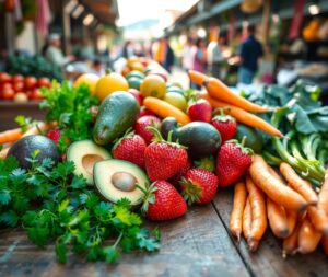 Vibrant Bounty of Fresh Fruits and Veggies – free AI stock image