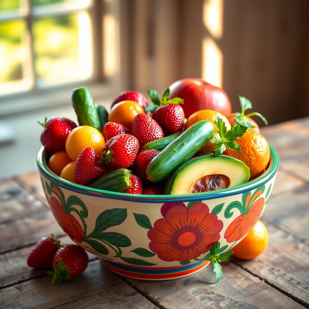 Vibrant Bowl of Fresh Fruits and Vegetables – free AI stock image