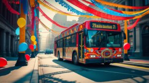 Vibrant City Bus in Festive Colors – free AI stock image