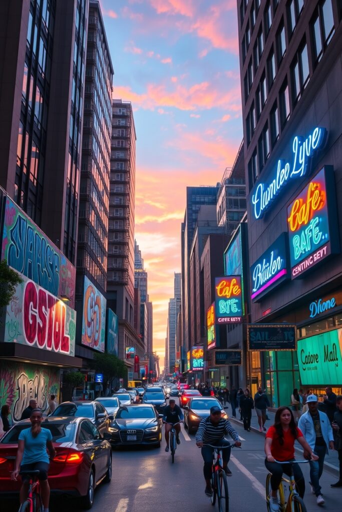 Vibrant City Life at Dusk – free AI stock image