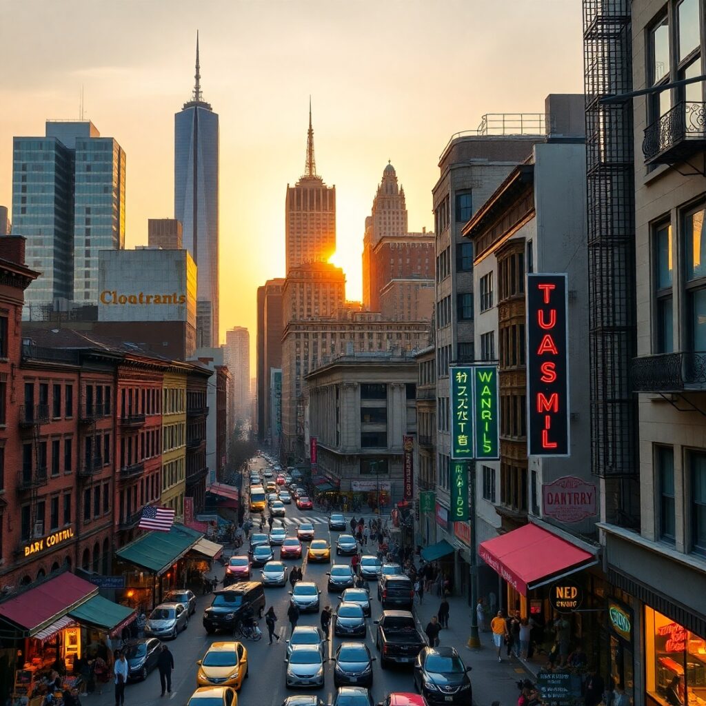 Vibrant City Life at Dusk – free AI stock image