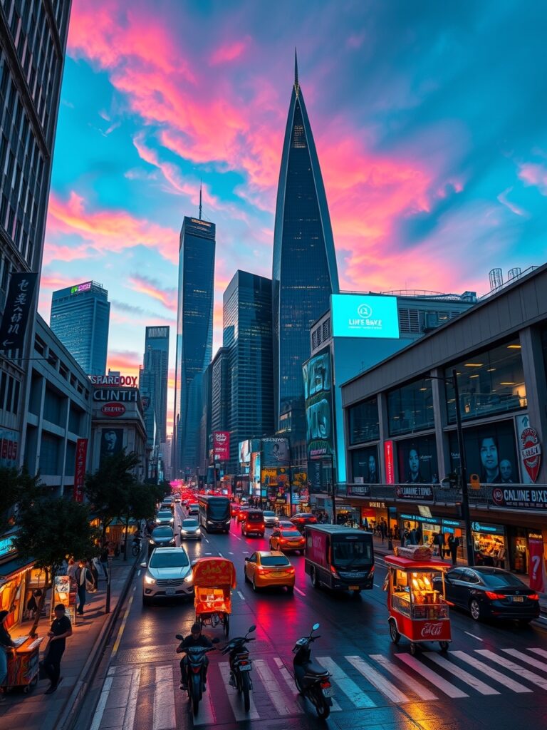 Vibrant City Life at Dusk – free AI stock image