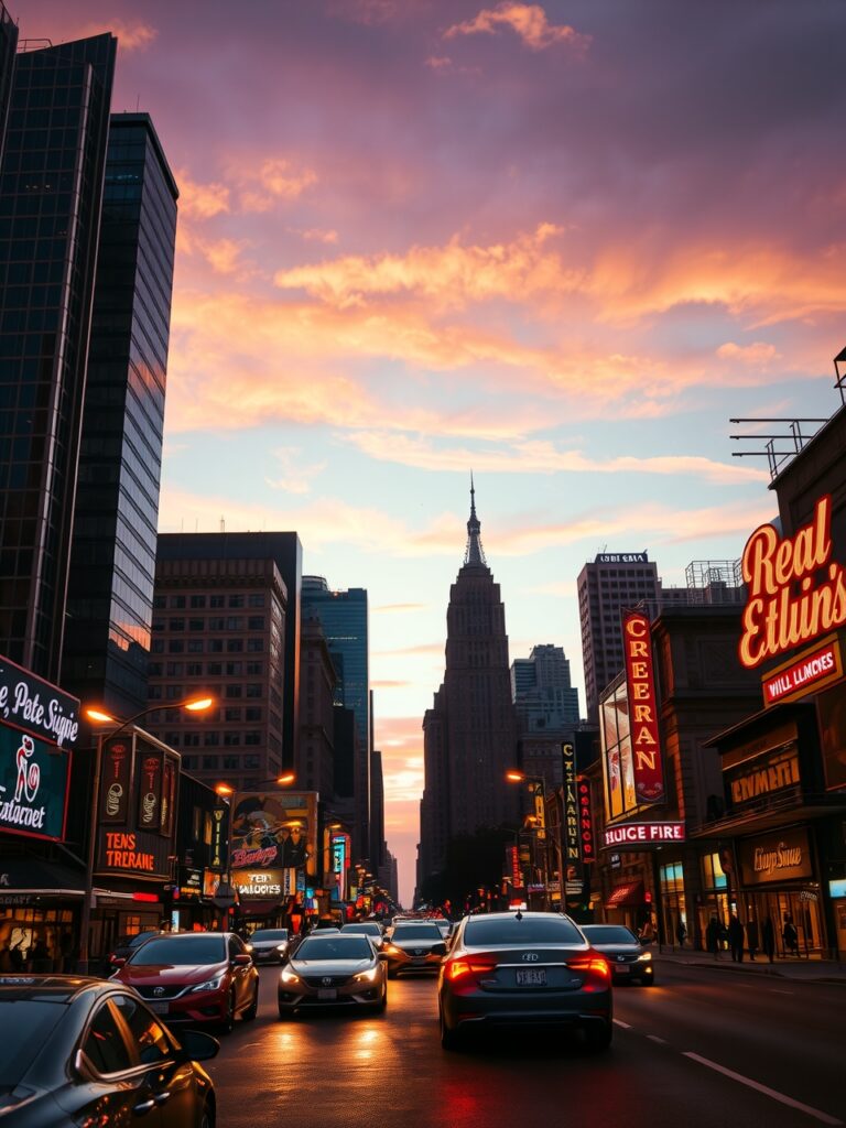 Vibrant City Life at Dusk – free AI stock image