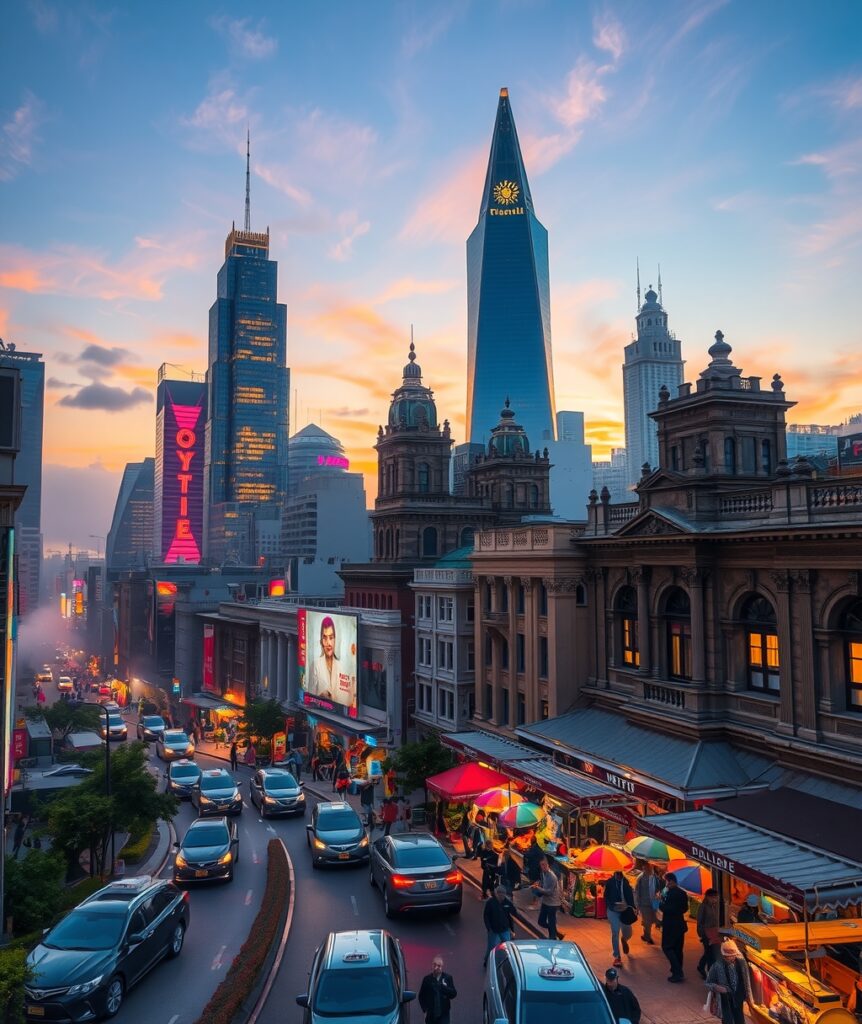 Vibrant City Life at Dusk – free AI stock image
