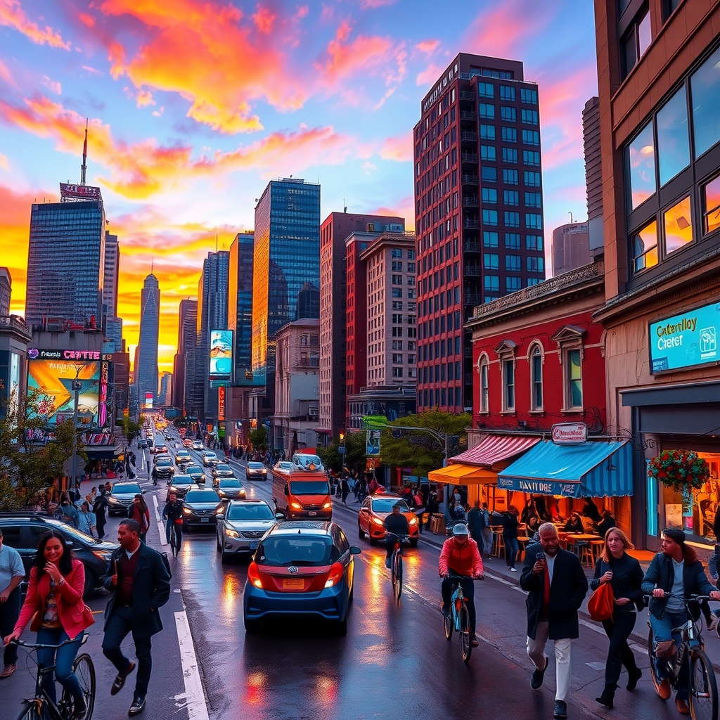 Vibrant City Life at Dusk – free AI stock image