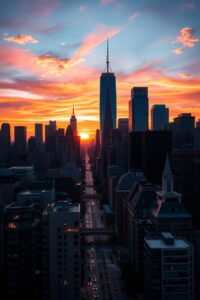 Vibrant City Life at Sunset – free AI stock image