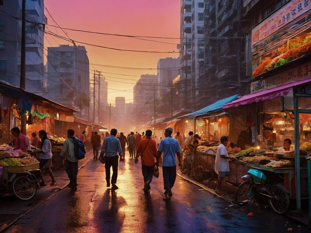 Vibrant City Life at Sunset – free AI stock image