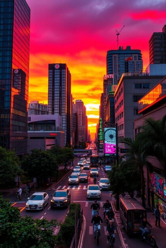 Vibrant City Life at Sunset – free AI stock image