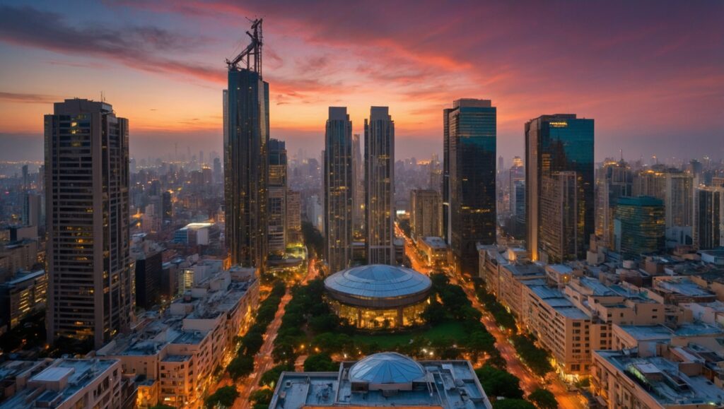 Vibrant City Life at Sunset – free AI stock image