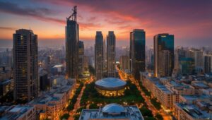 Vibrant City Life at Sunset – free AI stock image