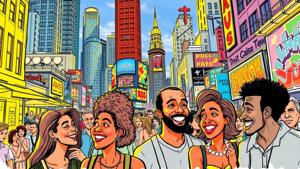 Vibrant City Life in Color Sketch – free AI stock image