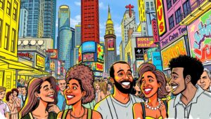 Vibrant City Life in Color Sketch – free AI stock image