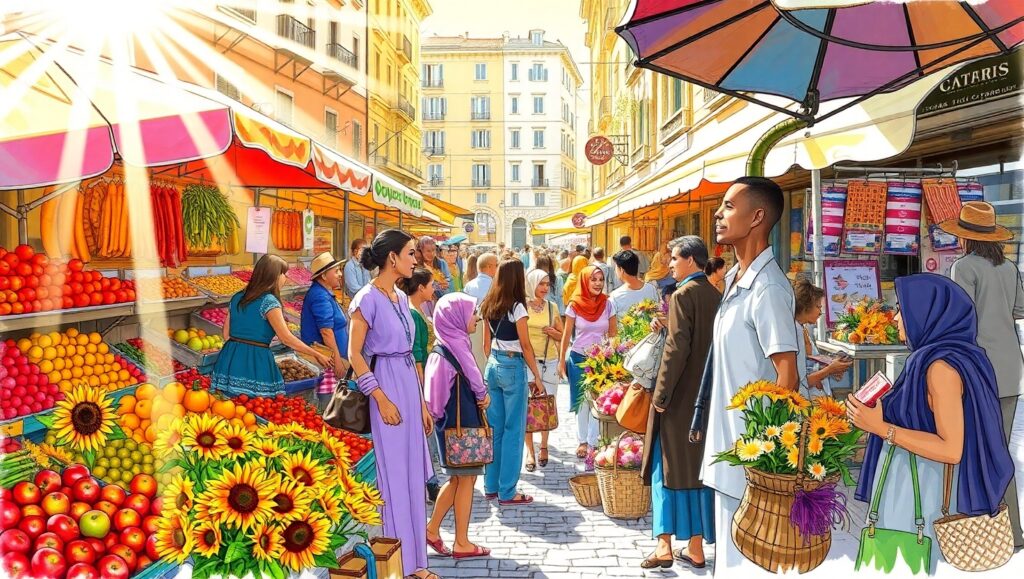 Vibrant City Market Scene in Color – free AI stock image