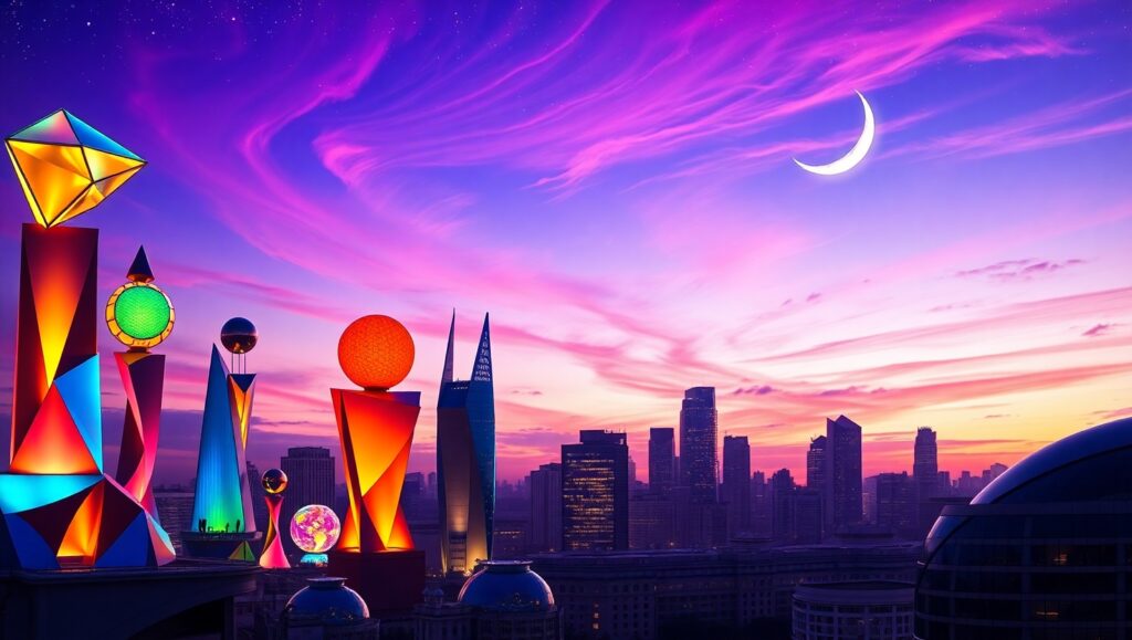 Vibrant City Sculpture Skyline – free AI stock image