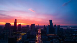 Vibrant City Skyline at Sunset – free AI stock image