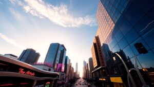 Vibrant City Skyline at Sunset l0O – free AI stock image