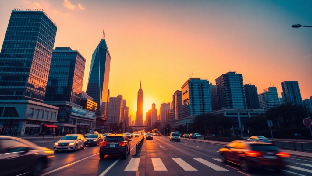 Vibrant City Skyline at Sunset – free AI stock image