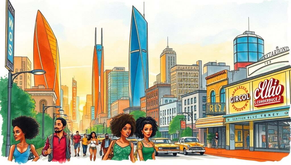 Vibrant City Skyline Sketch – free AI stock image