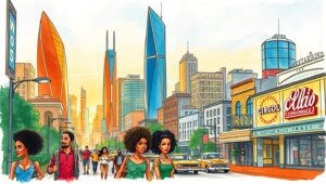 Vibrant City Skyline Sketch – free AI stock image
