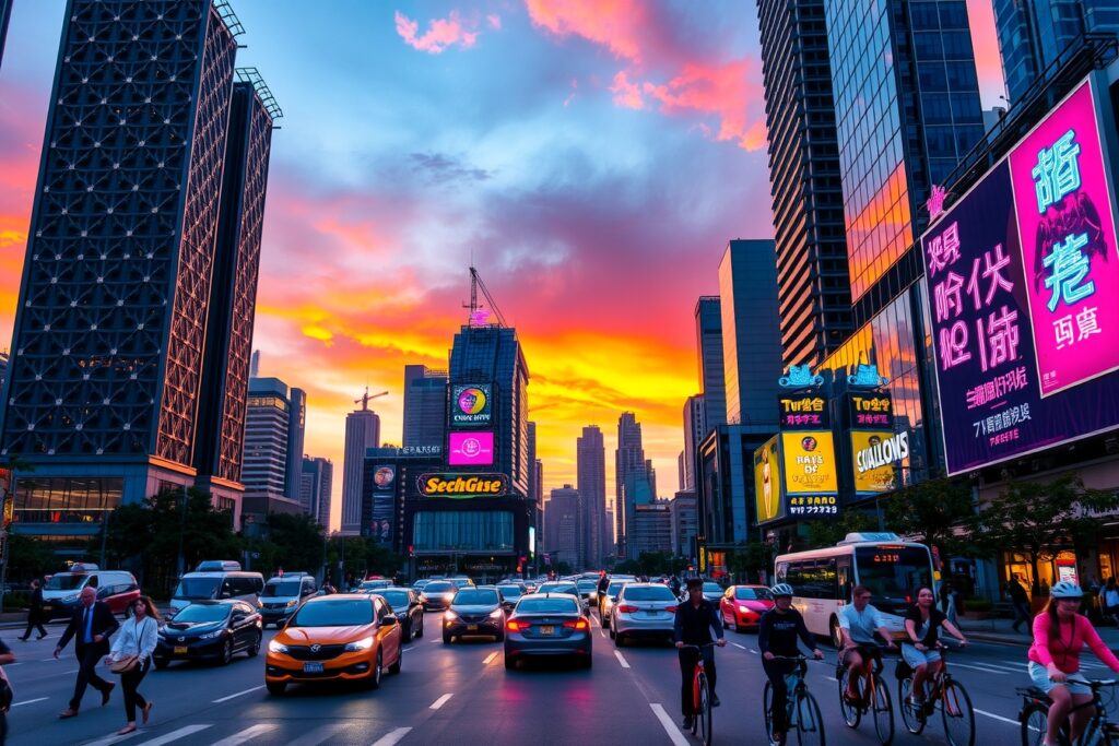 Vibrant City Streets at Sunset – free AI stock image